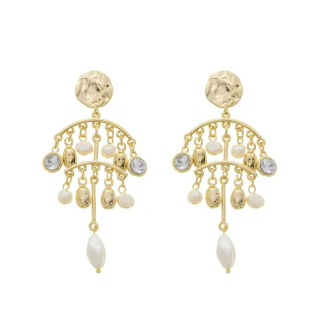 Brinco Bela Cascata Gota Ponto de Luz Chaton Pérolas de Água Doce Dourado