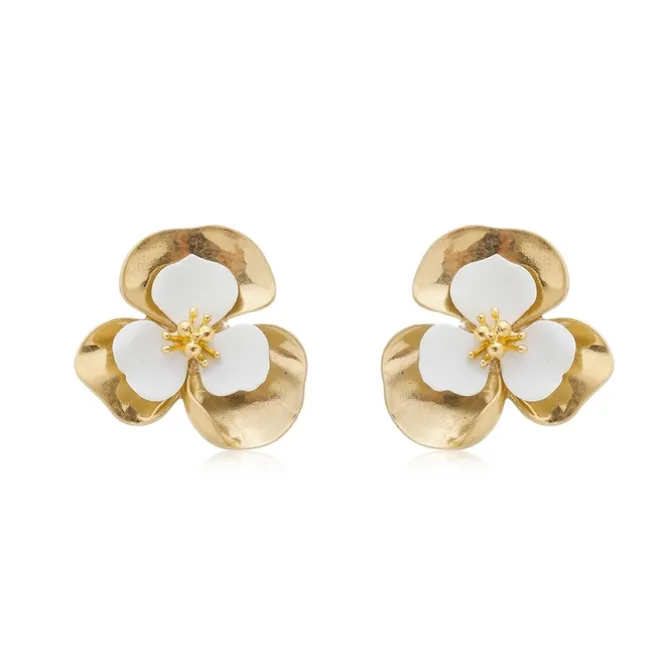 Brinco de Flor Verbena Dourado e Branco