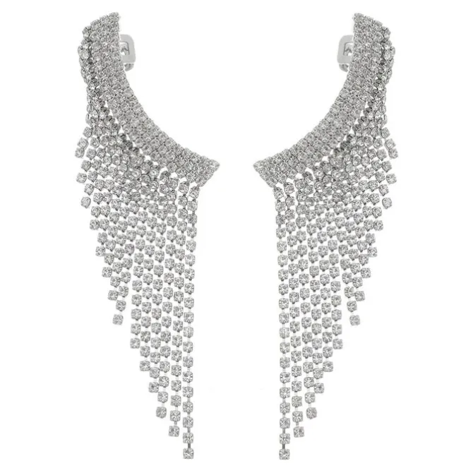 Brinco Ear Cuff Leonie Strass Franja Folheado em Ródio Branco