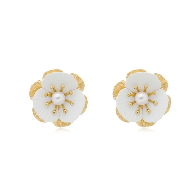 Brinco Flor Melissa Dourado e Branca