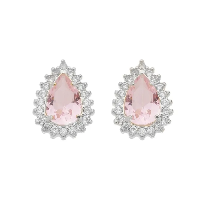 Brinco Maria Fernanda Gota Zircônia Rosa Folheado em Ródio Branco
