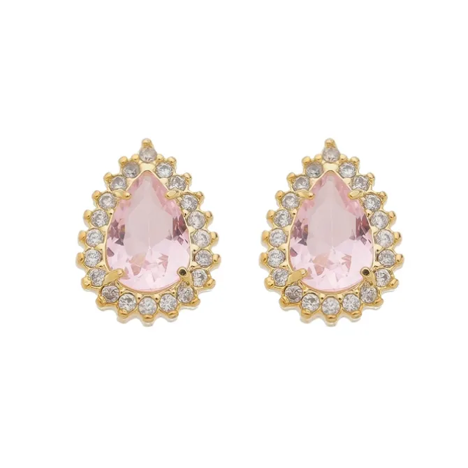 Brinco Maria Fernanda Gota Zircônia Rosa Folheado a Ouro 18k