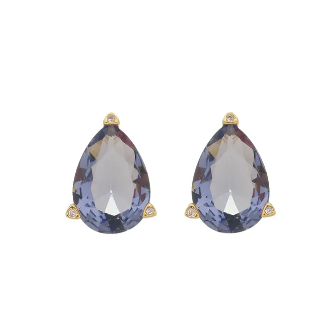 Brinco Maria Sophia Gota Zircônia Tanzanita Folheado a Ouro 18k