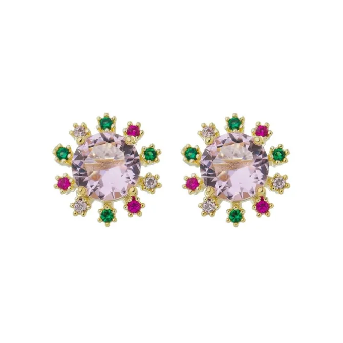 Brinco Ponto de Luz Deise Zircônia Rosa Folheado a Ouro 18k