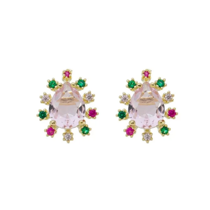 Brinco Ponto de Luz Gota Deise Zircônia Rosa Folheado a Ouro 18k