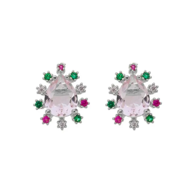 Brinco Ponto de Luz Gota Deise Zircônia Rosa Folheado em Ródio Branco