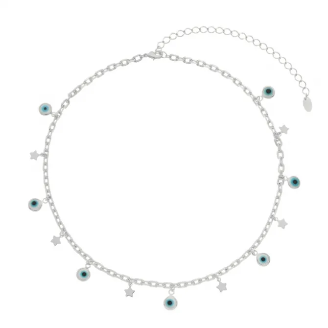 Choker Lara Olho Grego e Mini Estrelas Folheada em Ródio Branco