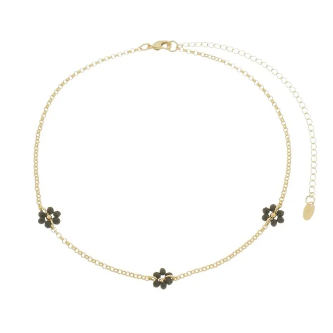 Choker Lira Mini Flor Zircônias Preta Folheada a Ouro 18k
