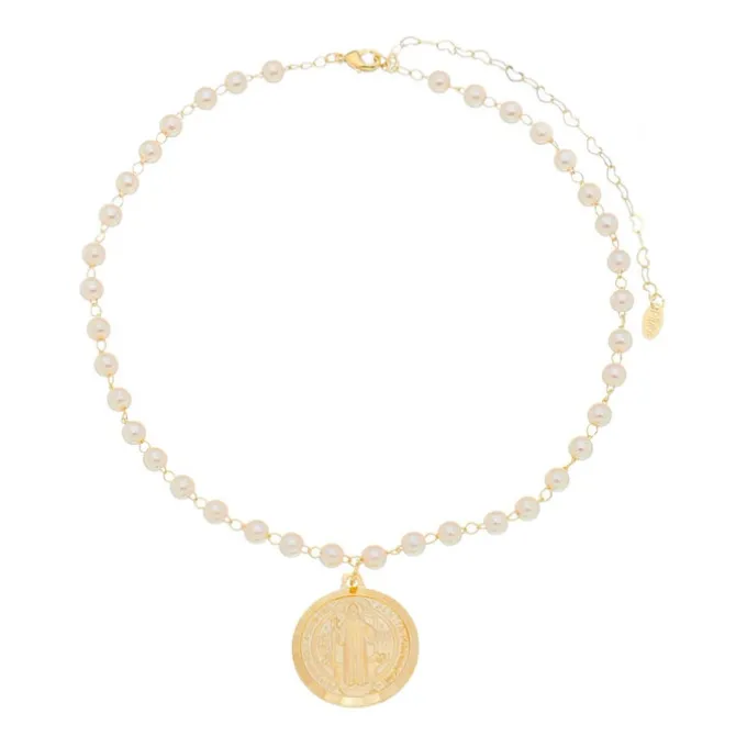 Choker Medalha São Bento Pérolas Folheado a Ouro 18k