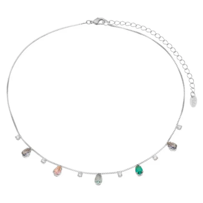 Choker Piuka Dhil Gotas Zircônias Coloridas Folheada em Ródio Branco