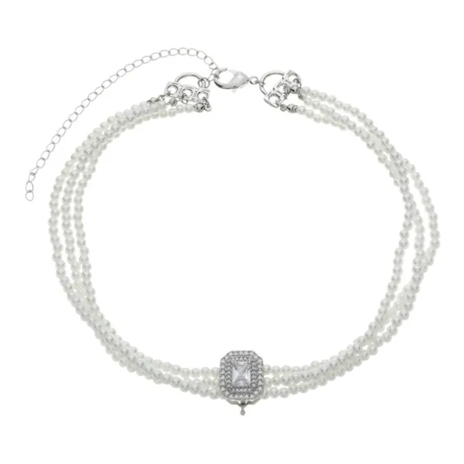Choker Tripla Isabella Pérolas Zircônias Folheada em Ródio Branco