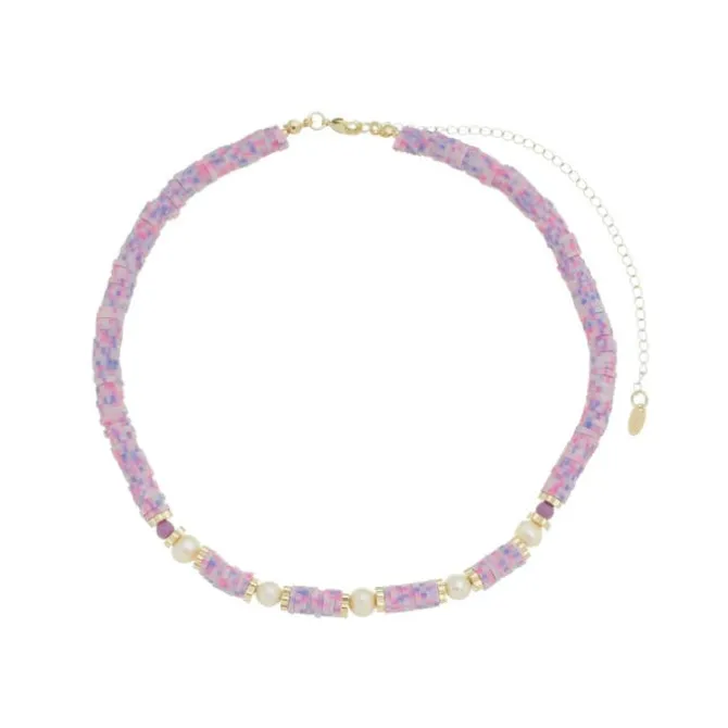Choker Virgínia Fimos Lilás Pérolas de Água Doce Murano