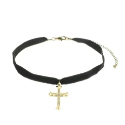 Choker Zoe Veludo Preto Cruz Gótica Folheado a Ouro 18k