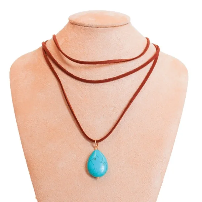 Colar Camurça Marrom Luna Pingente Pedra Natural Turquesa