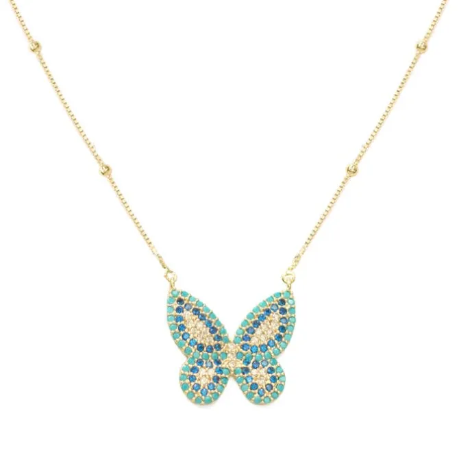 Colar de Borboleta Cecil Zircônia Azul Folheado a Ouro 18k