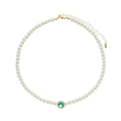 Colar de Pérolas Diana Ponto de Luz Zircônia Turmalina Folheado a Ouro 18k