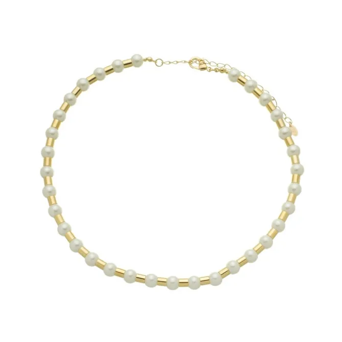 Colar de Pérolas Leonor Tubos Metal Folheado a Ouro 18k