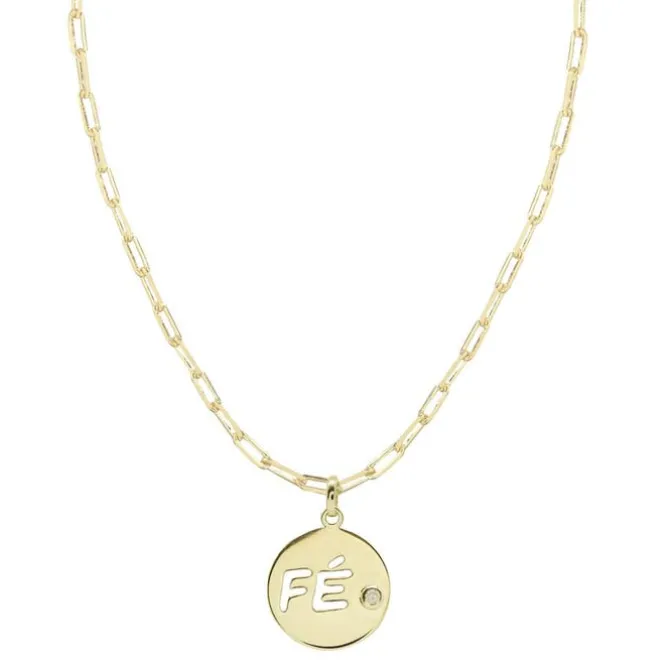 Colar Fé Medalha Pequena Zircônia Folheado a Ouro 18k