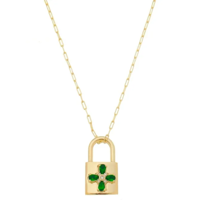 Colar Feminino Ariane Cadeado Flor Zircônia Esmeralda Folheado a Ouro 18k