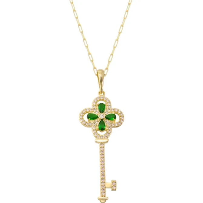 Colar Feminino Luma Chave Flor Zircônia Esmeralda Folheado a Ouro 18k