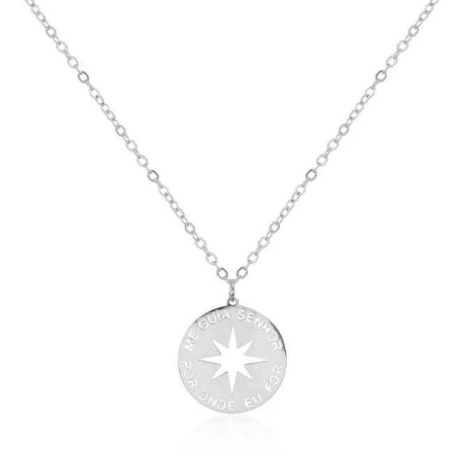 Colar Feminino Medalha Me Guia Senhor Por Onde Eu For Folheado em Ródio Branco