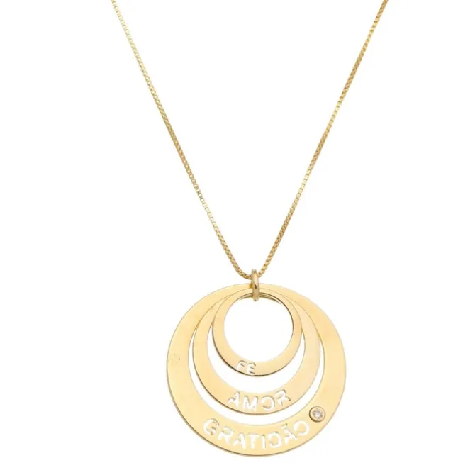 Colar Longo Life Círculos Fé, Amor e Gratidão Folheado a Ouro 18k