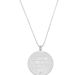 Colar Longo Medalha Sou um com Deus Elos Folheado em Ródio Branco
