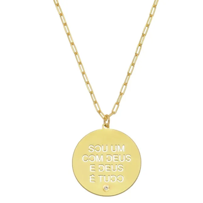 Colar Longo Medalha Sou um com Deus Elos Folheado a Ouro 18k