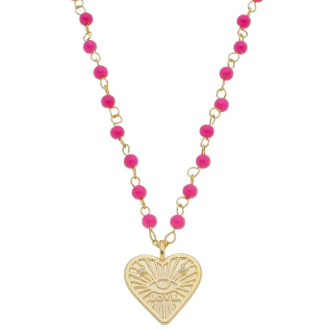 Colar Love Coração Olho Grego Zircônias Murano Pink Folheado a Ouro 18k