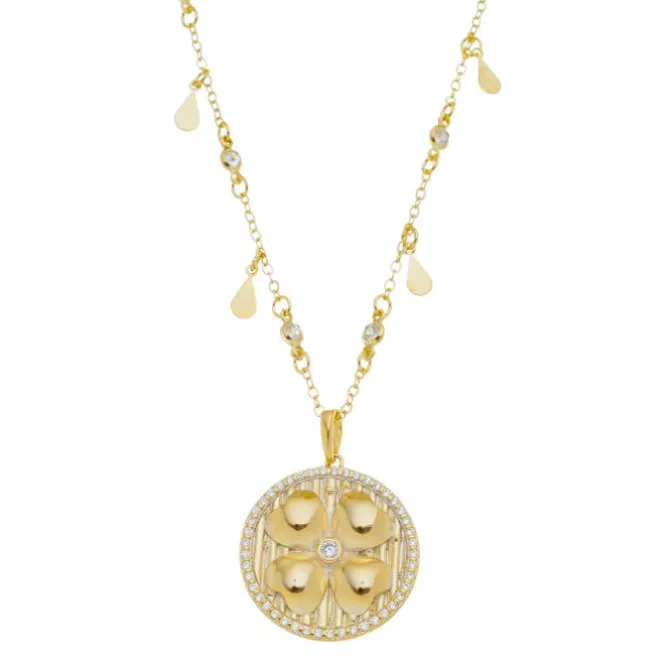 Colar Luck Medalha Trevo de Quatro Folhas Zircônias Folheado a Ouro 18k