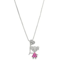 Colar Mãe de Menina Coração Zircônias Pink Folheado em Ródio Branco