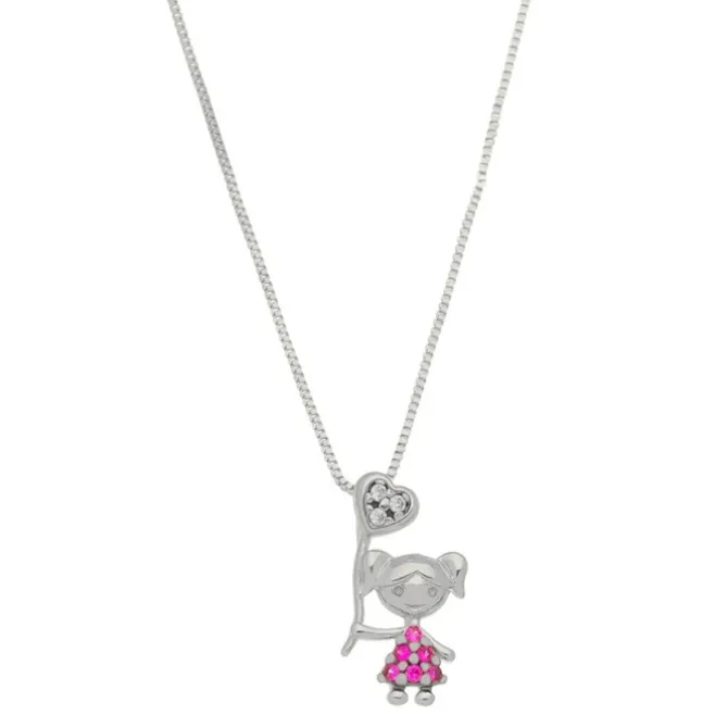 Colar Mãe de Menina Coração Zircônias Pink Folheado em Ródio Branco