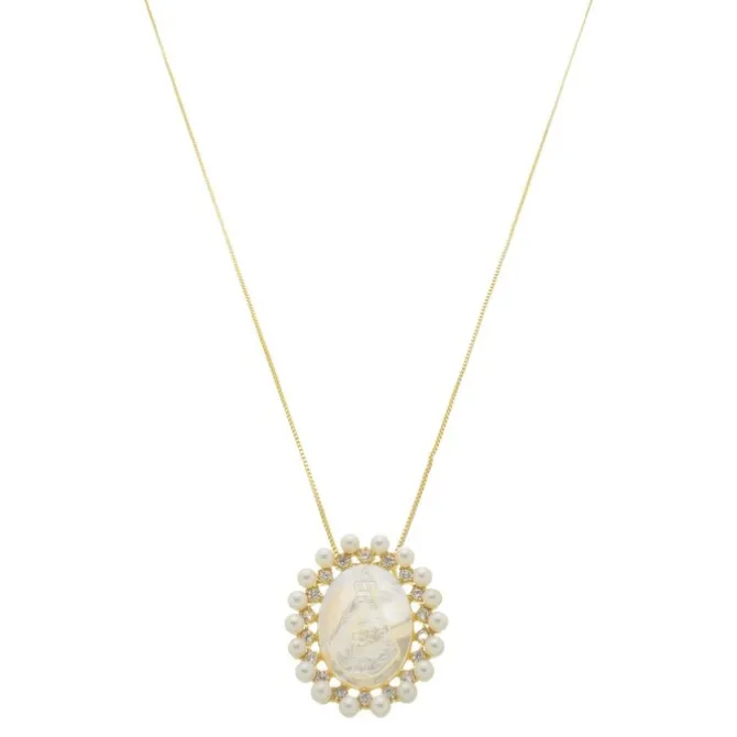 Colar Medalha Madrepérola Nossa Senhora Aparecida Folheado a Ouro 18k