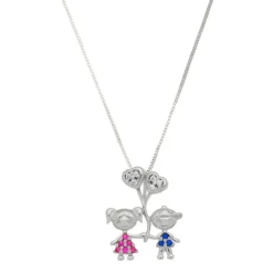 Colar Menino e Menina Zircônias Pink e Safira Folheado em Ródio Branco