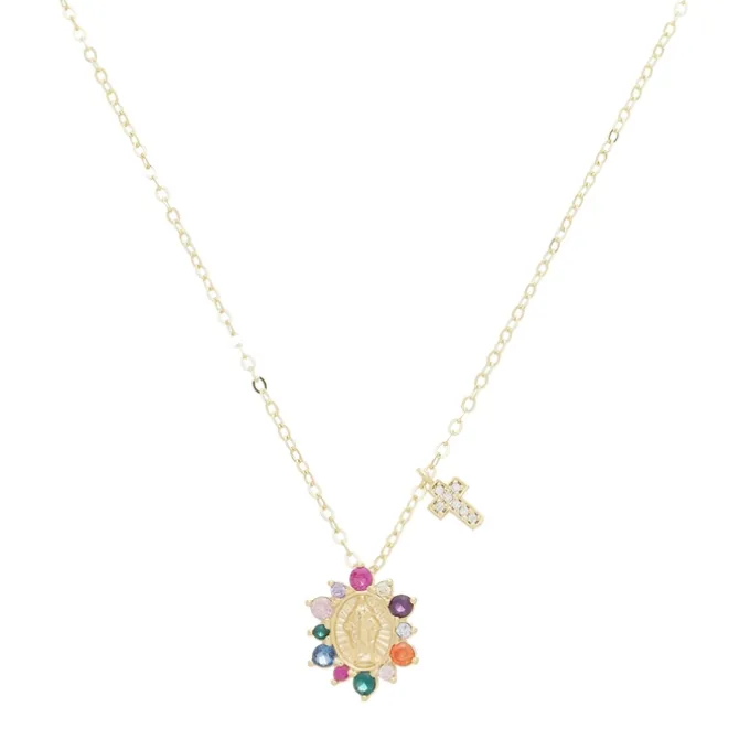 Colar Mini Medalha Nossa Senhora das Graçsa Cruz Zircônias Coloridas Folheado a Ouro 18k
