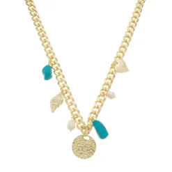 Colar Natalia Boho Elos Medalha Concha Pérola de Água Doce Howlita Turquesa Folheado a Ouro 18k