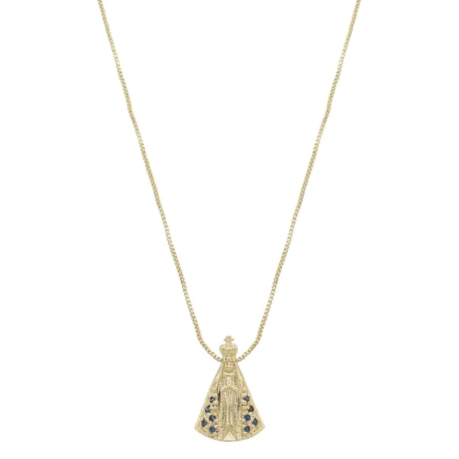 Colar Nossa Senhora Aparecida Pequena Zircônias Safira Folheado a Ouro 18k