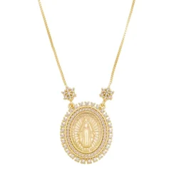 Colar Nossa Senhora das Graças Medalha Oval Zircônias Folheado a Ouro 18k