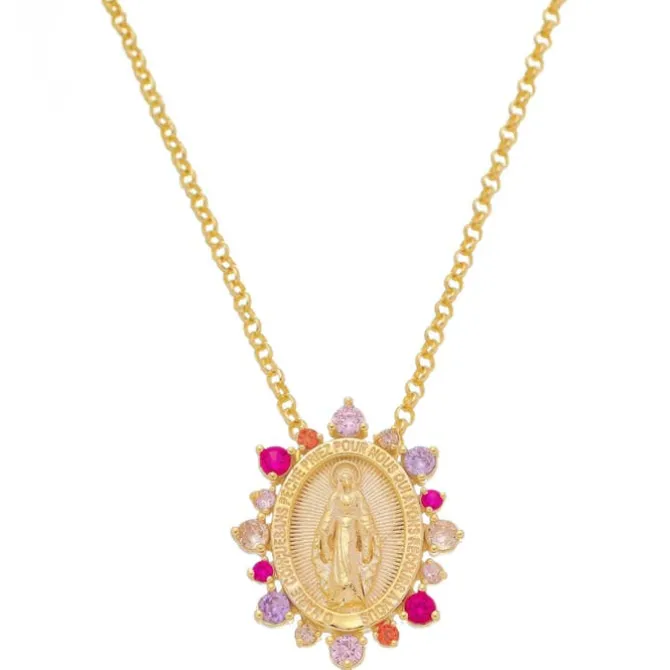 Colar Nossa Senhora das Graças Medalha Milagrosa Zircônias Coloridas Folheado a Ouro 18k