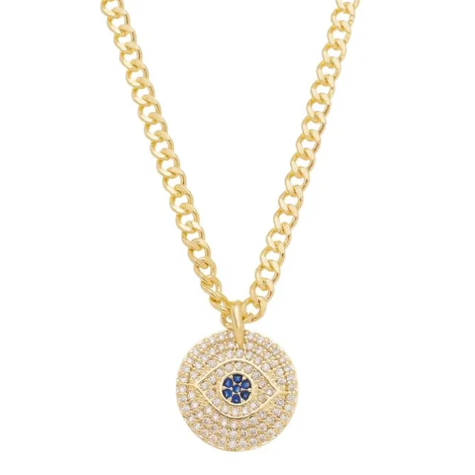 Colar Olho Grego Medalha Zoe Zircônias Safira Folheado a Ouro 18k