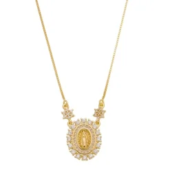 Colar Piuka Medalha Oval Pequena Nossa Senhora das Graças Zircônias Folheado a Ouro 18k