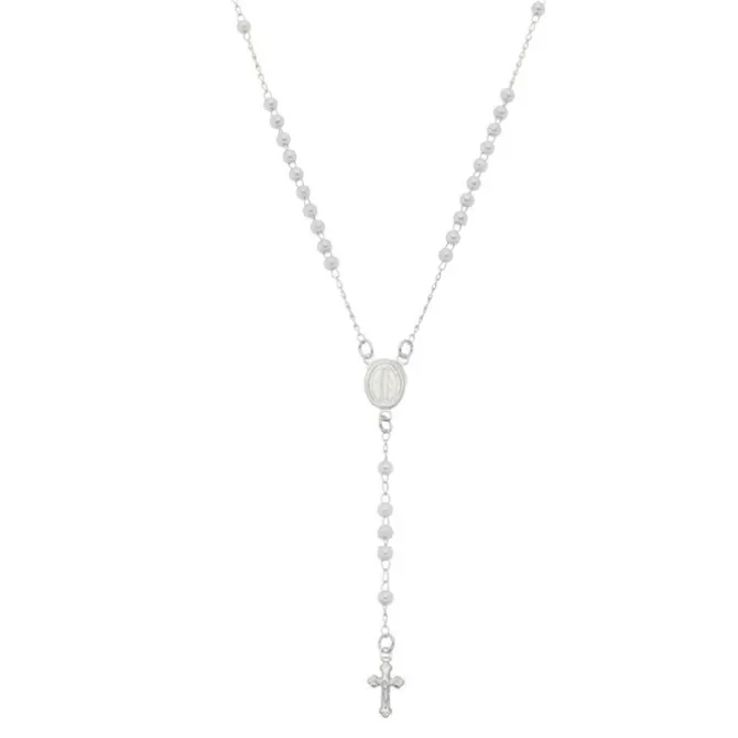 Colar Terço Maria Mini Perólas Folheado em Ródio Branco