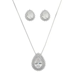 Conjunto Colar e Brinco Gota Lizzy Zircônias Folheado em Ródio Branco