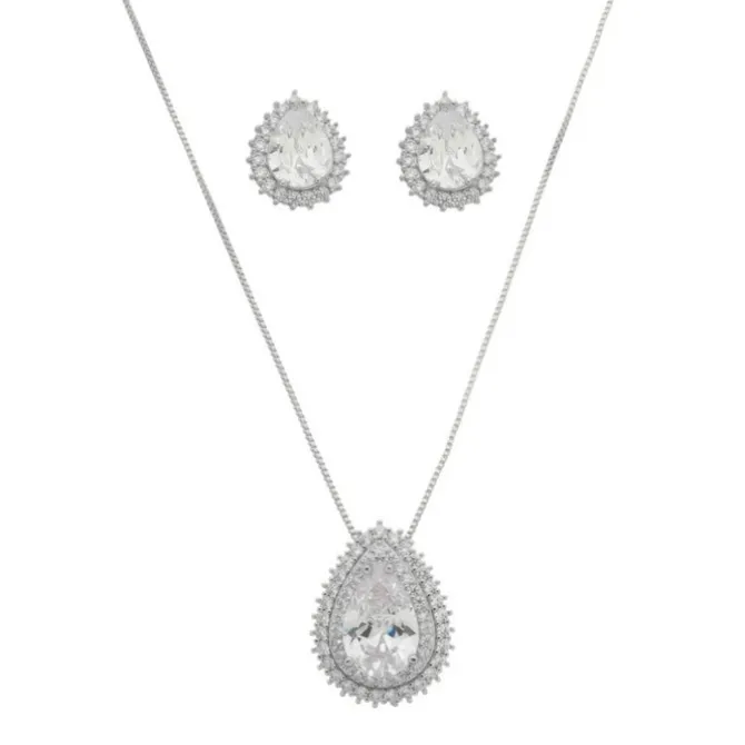Conjunto Colar e Brinco Gota Lizzy Zircônias Folheado em Ródio Branco
