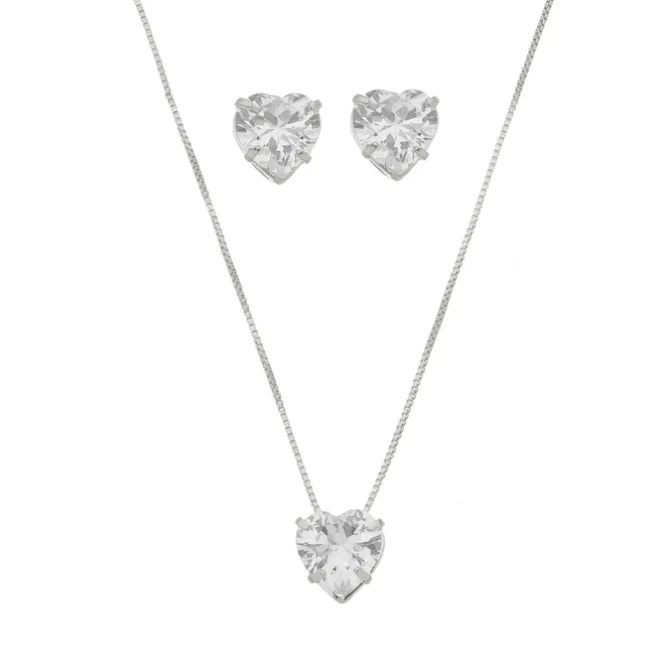 Conjunto Colar e Brinco Lelê Coração Zircônia Folheado em Ródio Branco