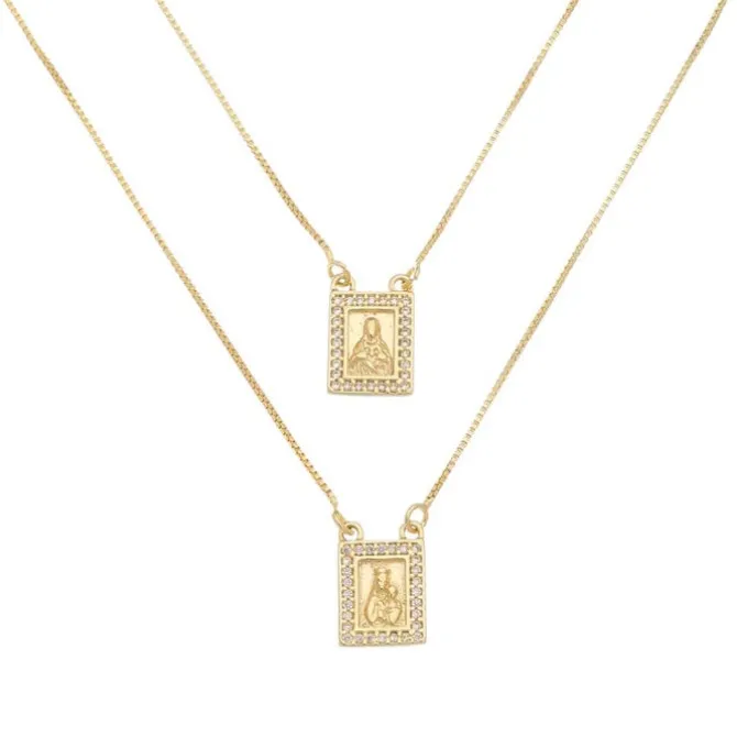 Escapulário Feminino Sagrado Coração de Jesus Zircônia Folheado a Ouro 18k