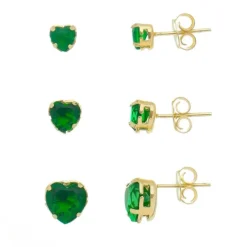 Kit Três Brincos Lela Zircônia Coração Esmeralda Folheado a Ouro 18k