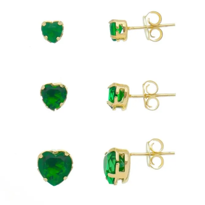 Kit Três Brincos Lela Zircônia Coração Esmeralda Folheado a Ouro 18k