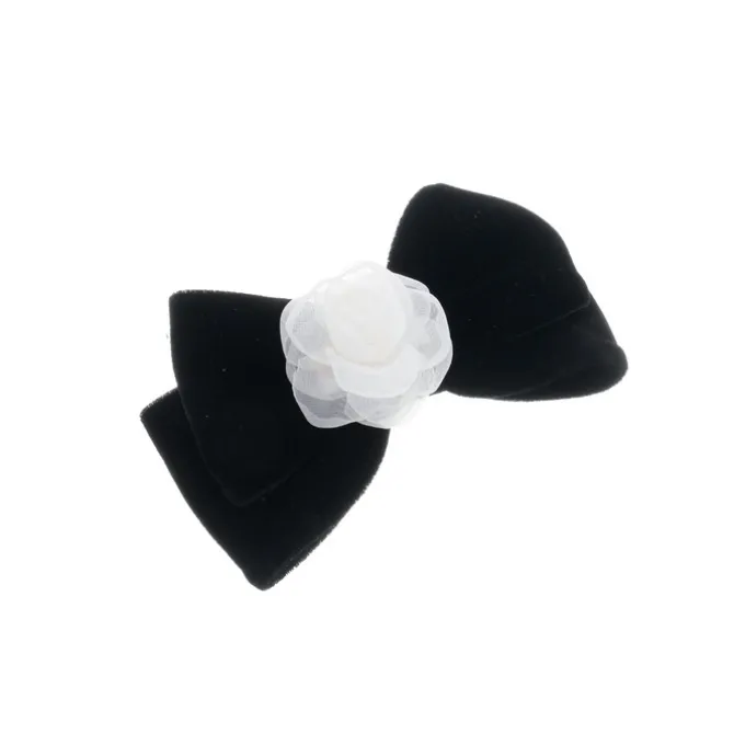 Laço de Cabelo Duplo Leticia Veludo Alemão Preto com Flor Removivel em Voal Off White
