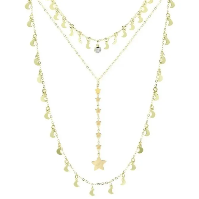 Mix 3 Colares Eclipse Lua e Estrelas Folheado a Ouro 18k
